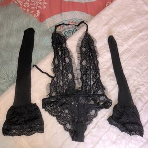 Adore Me Lingerie Set, With Lace Garter Hose, Size Small, Like New! 🔥